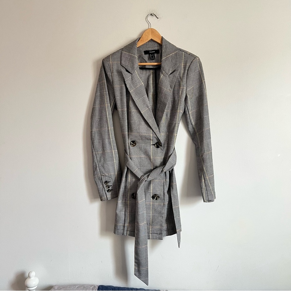 Forever 21 Gray Plaid Double-Breasted Belted Blazer